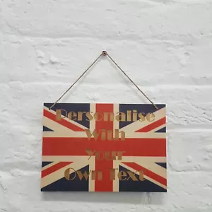 PERSONALISED Made A5 Hanging wooden Wall Sign UK British Flag YOUR OWN TEXT - Picture 1 of 4