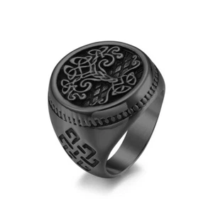 Black Vintage Men's Tree of Life Ring Stainless Steel Celtic Viking Wedding Ring - Picture 1 of 4
