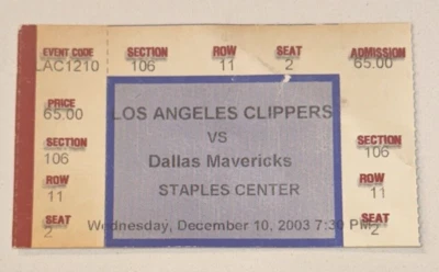 Mavericks Clippers Ticket Stub Staples Center Glen Rice Game Winner 12/10/2003 - Image 1 of 2