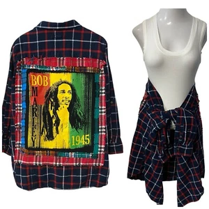 Upcycled Flannel Shirt Womens 2X Shacket Bob Marley Grunge Shacket Rock Concert - Picture 1 of 15