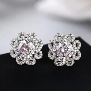 925 Sterling Silver 2 Ct Lab Created Diamond Aesthetic Flower Stud Earrings - Picture 1 of 7