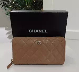 Chanel Tan Caviar Leather Quilted Zip Around Wallet Purse - Picture 1 of 11
