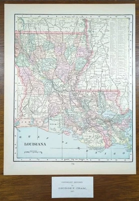 Vintage 1901 LOUISIANA Mapa 11"x14" Antigo Original NOVO ORLEANS LAKE CHARLES - Imagem 1 de 4