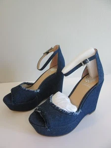 Vince Camuto dunkelblau Tatchen ausgefranste Kanten 8 Plateau Keilabsatz Knöchelriemen Sandalen - Bild 1 von 7