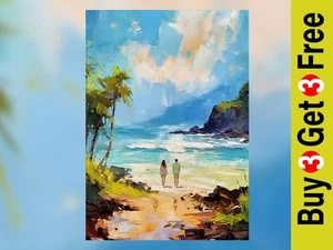Romantic Beach Walk 5"x7" Print on Matte Paper | Peaceful Seaside Oil Painting - Picture 1 of 18