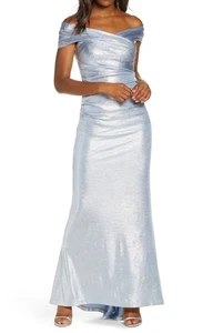 Eliza J EJ04461 Off the Shoulder Foil Knit Gown SZ 6 SilverBlue - Picture 1 of 2