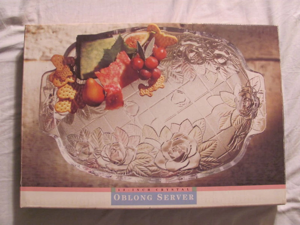 Brand New Mikasa Rose Pearls Crystal Oblong Serving Tray Floral Server w/Handles - Image 1 of 1