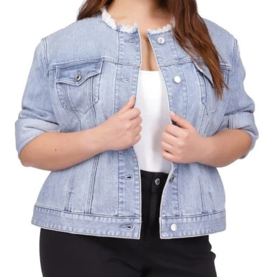 Chaqueta Michael Kors Talla Grande Denim Deshilachada Cuello Redondo Manga Larga Botón Delantero Foto 1 de 4
