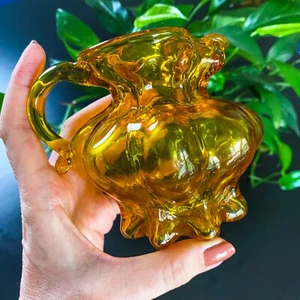 Vtg Kanawha Amber Ribbed Melon Pitcher Creamer Jug UV Reactive Cadmium Art Glass - Picture 1 of 6