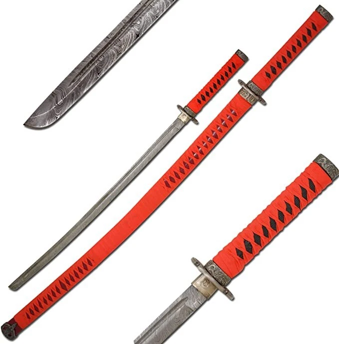 Espada Katana Samurai Katana Vermelha Damasco Full Tang Ninja Japonês 40" - Imagem 1 de 4