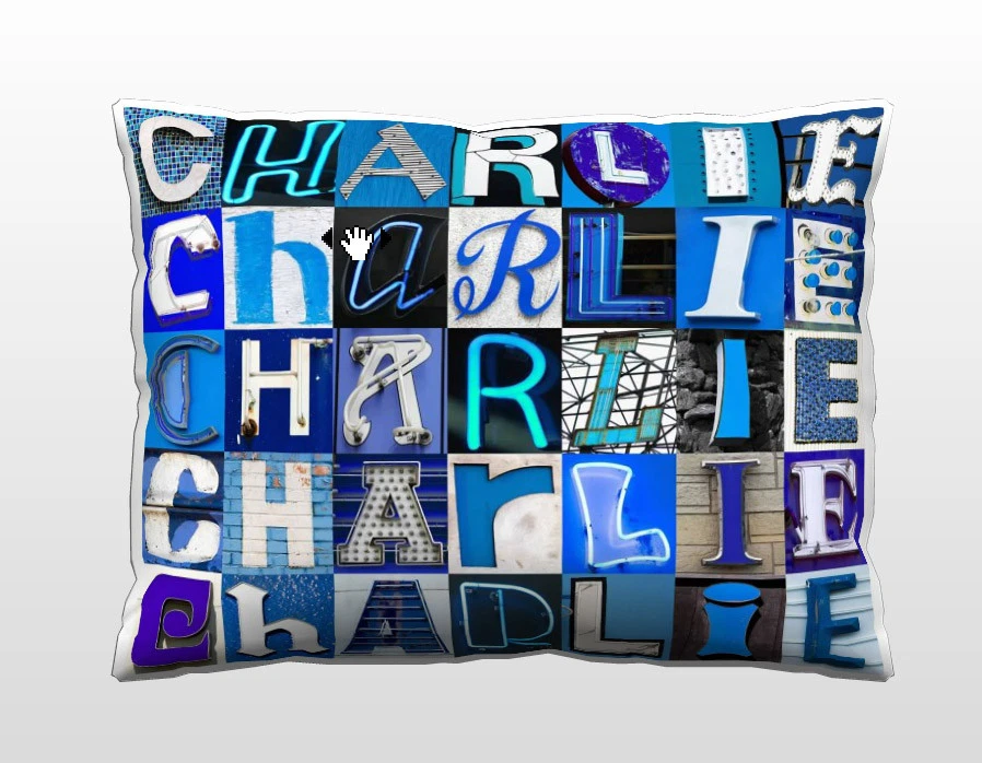 Personalized Pillow featuring the name CHARLIE in photos of BLUE sign letters - Image 1 of 1