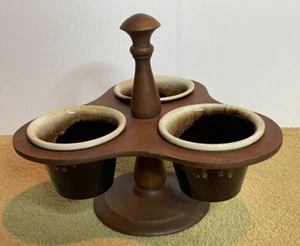 MCM 70s USA Pottery Brown Drip Glaze Stoneware Condiment Caddy Wood Lazy Susan - Picture 1 of 9