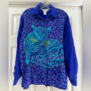 Blusa Diane Gilman Azul Seda Lentejuelas Tigre Manga Larga Con Botones Talla Pequeña - Imagen 1 de 9