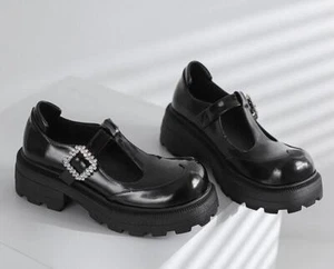 Womens Fashion Sweet Round Toe Diamante T-strap Mary Jane Shoes Chunky Mid Heel - Picture 1 of 14