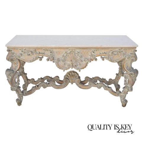 Antique French Louis XV Rococo Style Finely Carved 68" Marble Top Console Table Cover