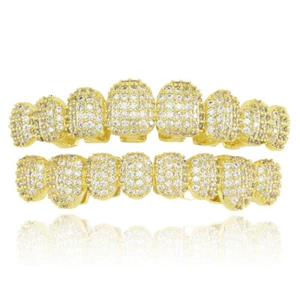 Hip Hop Grillz Big 8Top 8Bottom Set Iced Out 5A+ CZ Gold Silver Plated Grills - Picture 1 of 11