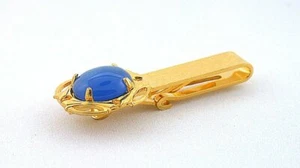 1 2/3 INCH 12x10 OVAL DYED BLUE AGATE CABOCHON GEMSTONE TIE CLIP TIE BAR EPTT496 - Picture 1 of 2