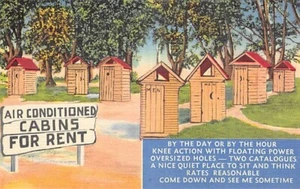 Postcard: Air Conditioned Cabins for Rent, Outhouses, Linen, 1940's Humor - Picture 1 of 2