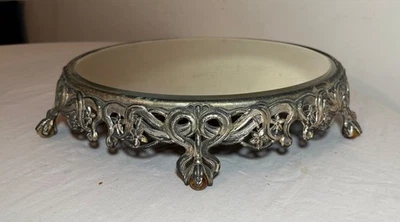 Large antique Round Silverplate Plateau beveled Vanity Jewelry Table top Mirror - Image 1 of 4