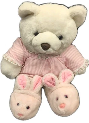 RARE Vintage 1989 America Wego Fiesta Bunny Slippers Bear Plush White 16" Plush - Image 1 of 4