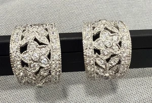 VTG ATI 925 STERLING SILVER WIDE HOOP EARRINGS Zirconia Stones 13.9GRAMS - Picture 1 of 11