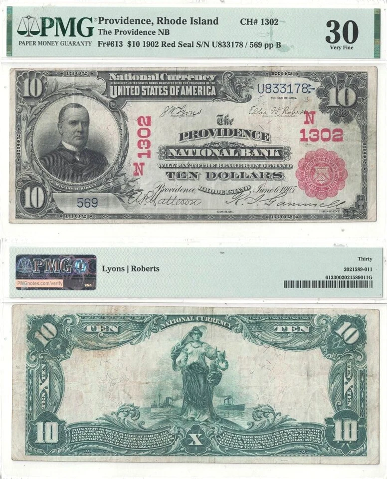1902 $10 Rhode Island, Providence Charter 1302 PMG VF-30 - Image 1 of 1
