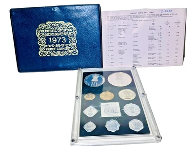 1973 India Proof Coin Set — 10 Coins Bombay Mint w/ 10 & 20 Rupee Silver-Alloy  - Image 1 of 4