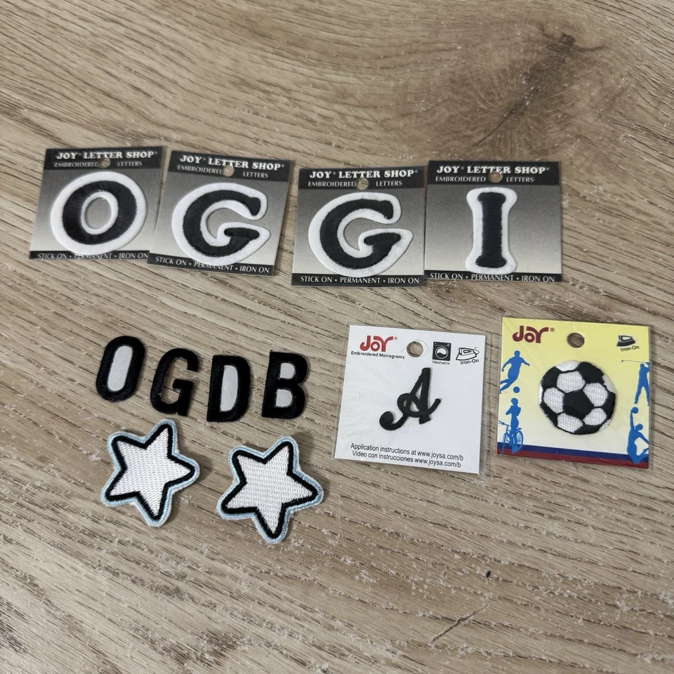 Small Embroidered Patch Lot - Joy Letter Shop- Letters, Stars, Soccer Ball - Image 1 of 3