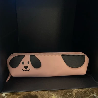 Pink And Black Pencil Pouch Case Dog puppy Zipper 10 Inches Long - Image 1 of 4