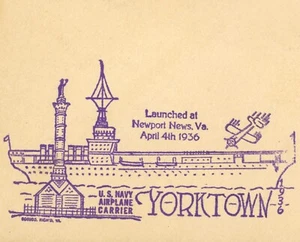 US Navy Airplane Carrier YORKTOWN Newport News Virginia 1936 Launch Cover Cachet - Picture 1 of 2