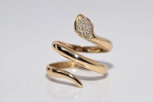 Vintage Circa 1970s 18k Gold Natural Diamond And Ruby Decorated Snake Ring - Picture 1 of 14