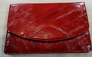 Vintage Eel Skin Clutch, Burgundy Small Eel Skin Leather Handbag 8 1/2" x 5 3/4" - Picture 1 of 6