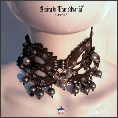 woman jewelry choker embroidered crystal pearl collar collier silver necklace  - Image 1 of 4