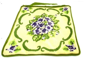 Antique African Violet Needlepoint Pillow Case Cover Velour Backed Piped 15"x15" - Picture 1 of 7