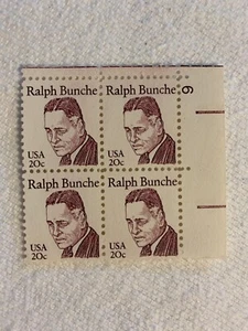 Ralph Bunche, 20 Cent Stamp PLATE BLOCK, MNH - Picture 1 of 2