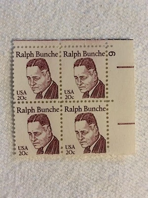 Ralph Bunche, 20 Cent Stamp PLATE BLOCK, MNH - Image 1 of 2