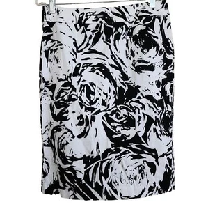 Maxmara Studio Pencil Skirt Italy Size L 12 White Black Rose Cotton Stretch - Picture 1 of 8