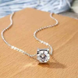 Solitaire Moissanite Wedding Pendant Solid 14K White Gold 2 Carat Round Cut VVS1 - Picture 1 of 7