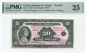 1935 $20 Banque du Canada FRENCH, BC-10 - PMG VF 25 - Picture 1 of 2