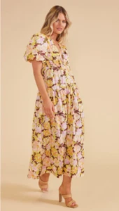 NWT MINKPINK Zoey Midi Dress Multi Floral Pleated V Neck Short Sleeve, sz Medium - Picture 1 of 12
