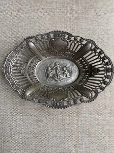 800 Silver ~ REPOUSSE CHERUB BOWL ~ German Putti Cupid Basket - 7" x 5" - Picture 1 of 6