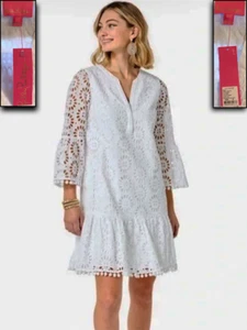 Neu mit Etikett! LILLY PULITZER WEISS BESTICKT ÖSEN RÜSCHEN BOMMELBORTE BEKAH KLEID M - Bild 1 von 22