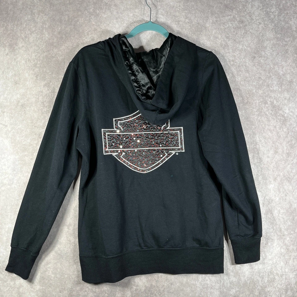 Harley Davidson Hoodie Sweatshirt Womens Large Black Full Zip Sequins Biker  - Image 1 of 4