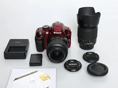 Nikon D3200 24.2MP RED DSLR w 18-55mm & 55-200mm Lenses BGN - Image 1 of 4