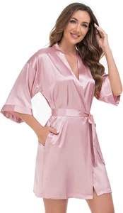 Women'S Short Kimono Robe Silky Satin Bathrobe Bride Bridesmaids Getting Ready S - Picture 1 of 36