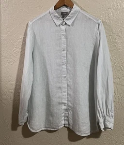 J. Jill Everyday Linen Button Up Shirt Womens M Blue Stripe Long Sleeve Beach - Picture 1 of 8