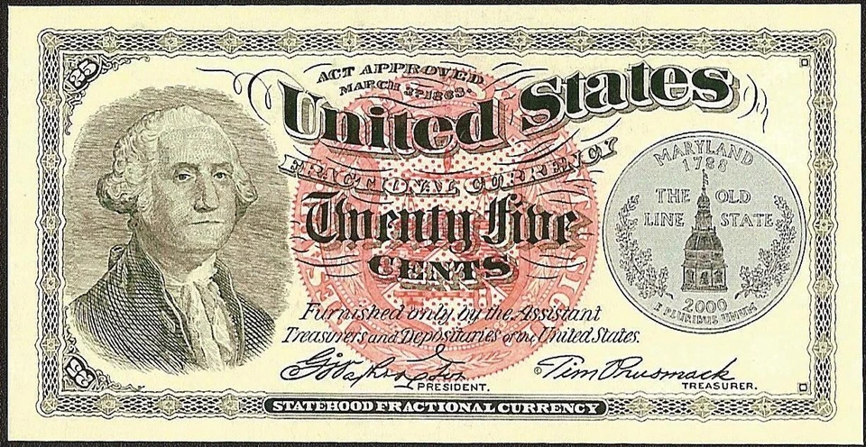 SIGNED TIM PRUSMACK ART FRACTIONAL 25 CENT MARYLAND NOTE LOW # 2 of 250 GEM UNC - Image 1 of 2