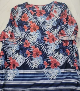 Catherines Damen Shirt Oberteil Kurzarm blau koralle rosa geblümt Gr. 5X NEU - Bild 1 von 6