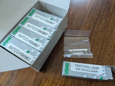 (Qty 10) Satco S6987 5W 24V T3.25 Clear SV8.5-8 Festoon Xenon Miniatures Lamps - Image 1 of 4