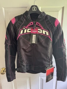 Women's Icon Contra Motorcycle Jacket - Black/Pink - Size X-Small XS NEW - Picture 1 of 12